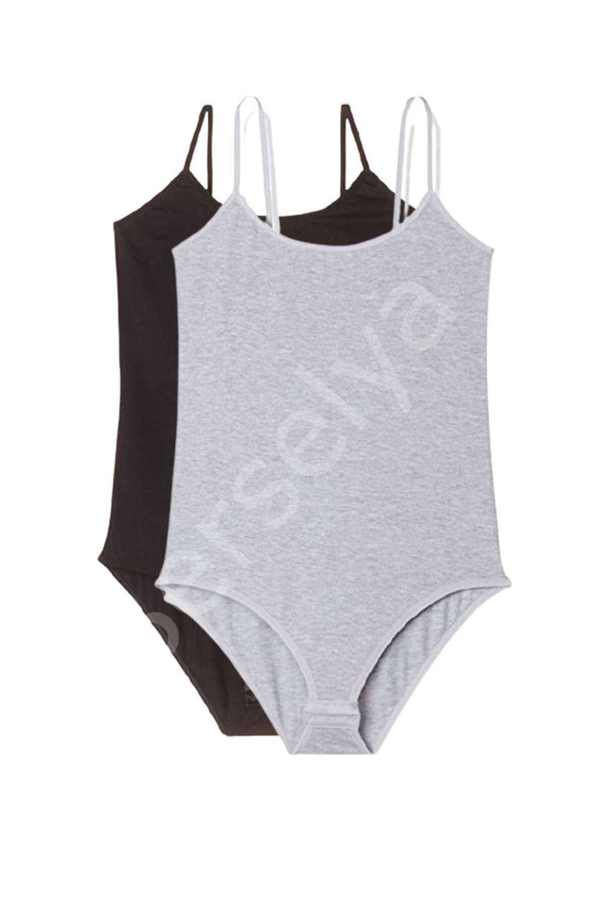 2 Adet İp Askılı Kadın Çıtçıtlı Body Siyah Ve Gri