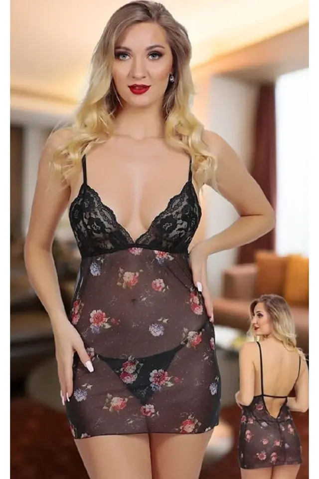 Kadın Siyah Seksi Transparan Tül Göğüs Dantel Detaylı Gecelik Ve Tanga Takımı Askılı Mini Gecelik