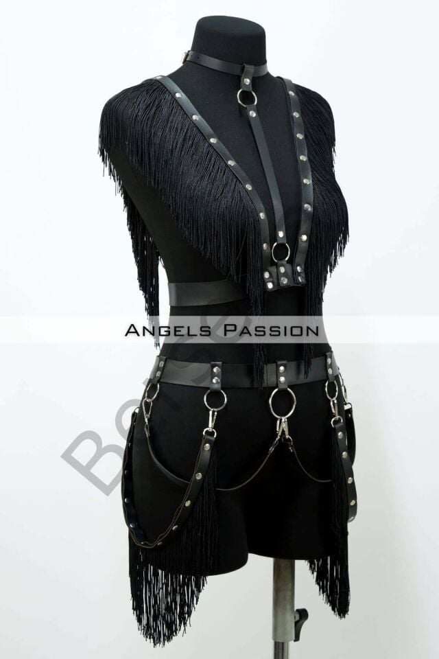 Püslüllü Deri Harness Takım, Püsküllü Elbise Aksesuarı - Brf768