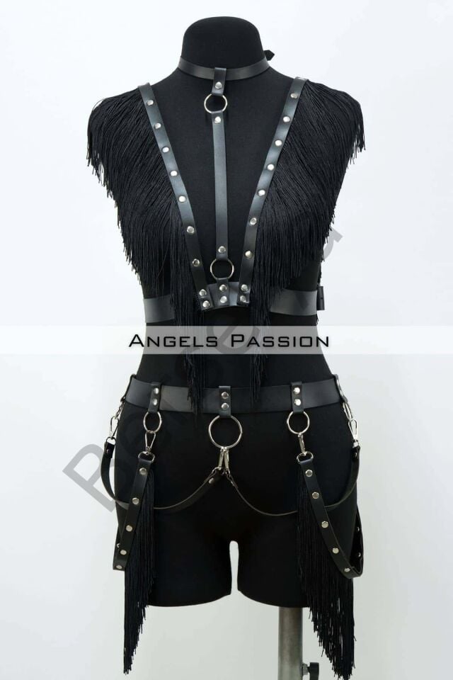 Püslüllü Deri Harness Takım, Püsküllü Elbise Aksesuarı - Brf768