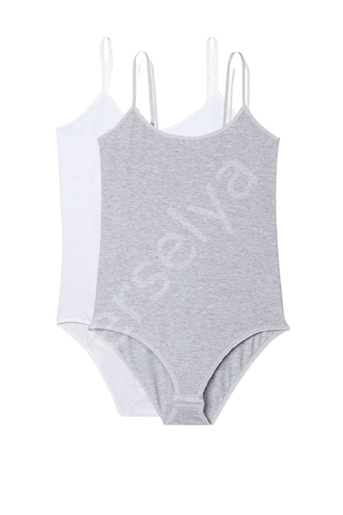 2 Adet İp Askılı Kadın Çıtçıtlı Body Beyaz Ve Gri