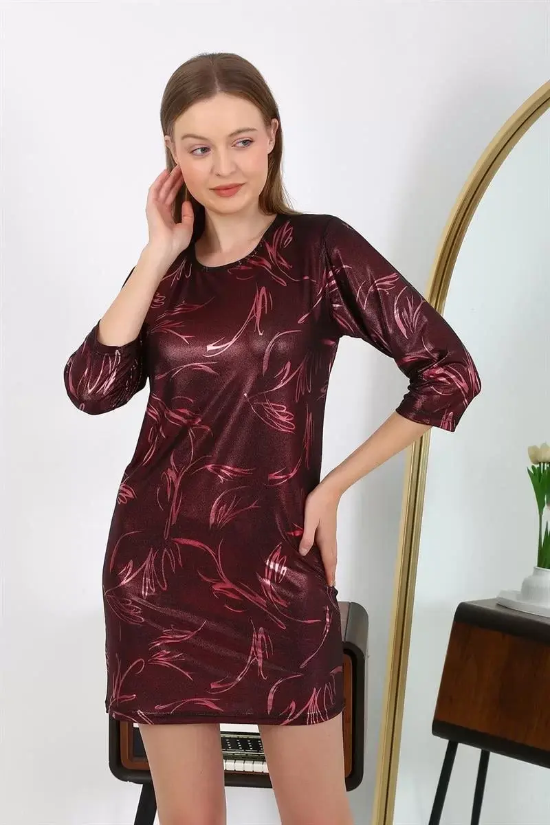 Kadın Micro Kumaş Mini Parlak Elbise Bordo
