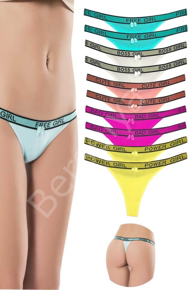 10 Adet Beli Yazılı Pamuk Kadın Tanga String Külot XS-S