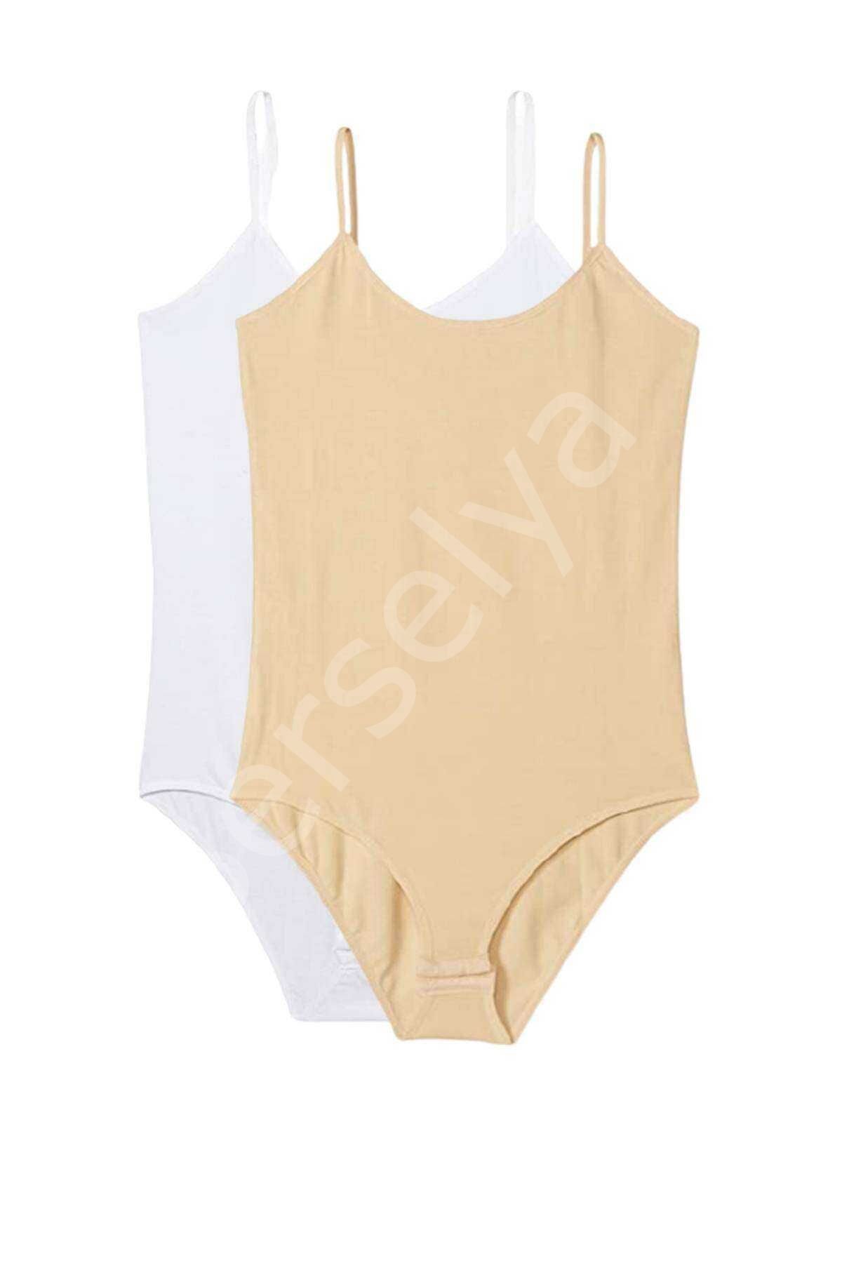2 Adet İp Askılı Kadın Çıtçıtlı Body Beyaz Ve Ten