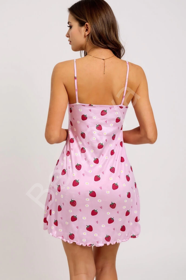 Pembe Çilek Desenli Askılı Kadın Gecelik