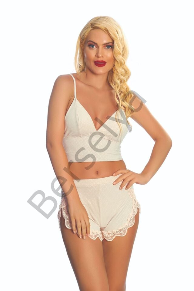 Ekru Lcralı Babydoll Şortlu Takım - 319