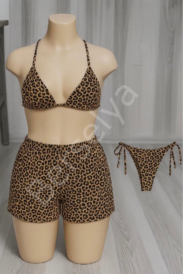 Kadın 3'lü Set Leopar Desenli Şortlu Ve Yandan Bağlamalı Bikini Mayo Takımı