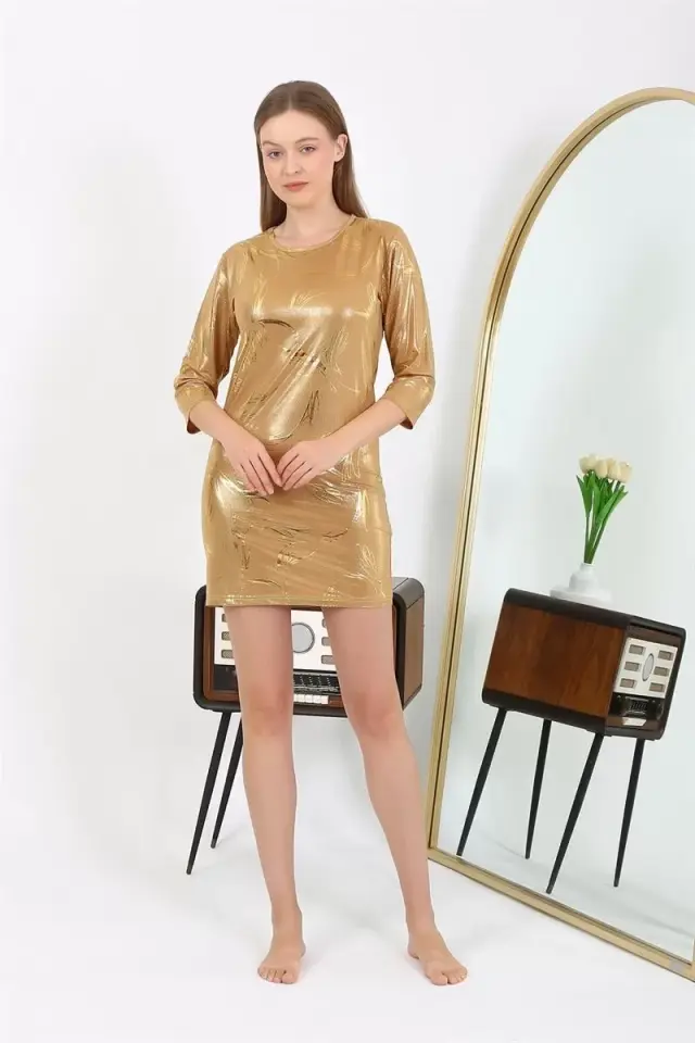 Kadın Micro Kumaş Mini Parlak Elbise Sarı