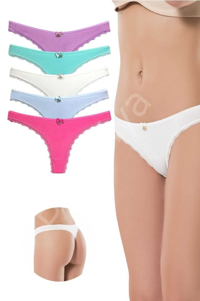 5 Adet Pamuklu Kadın Klasik Dantelli String Tanga M-L