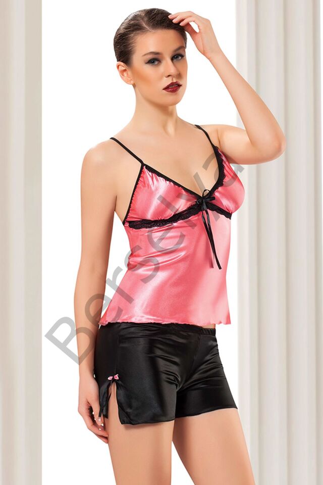 Nar Çiçeği Siyah Saten Babydoll Şortlu Takım - 312
