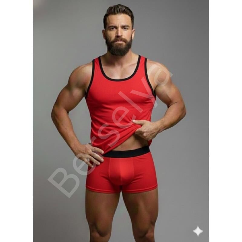 Erkek Kırmızı Tank Top Boxer Takımı