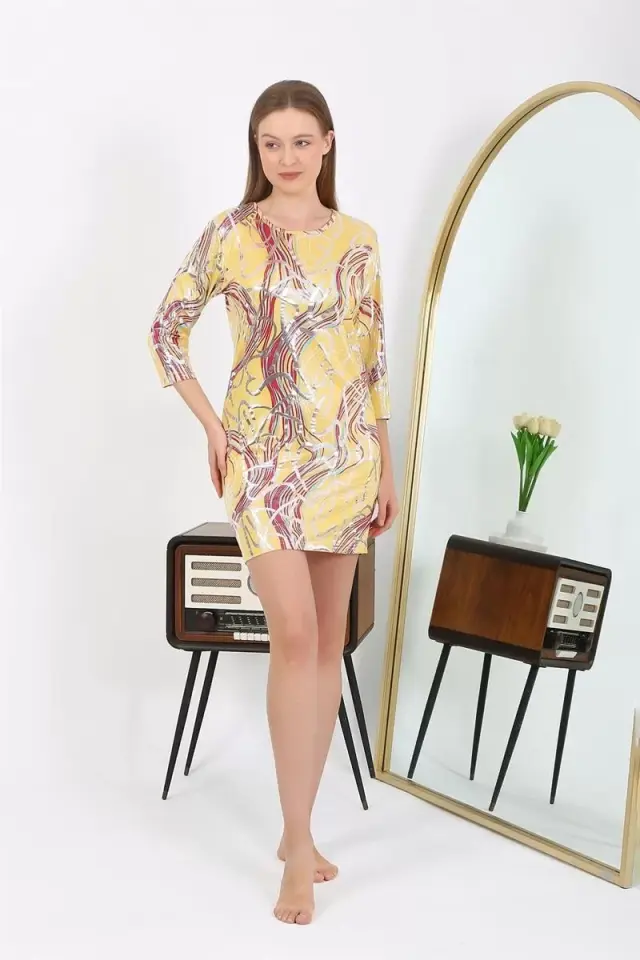 Kadın Micro Kumaş Mini Parlak Elbise Sarı