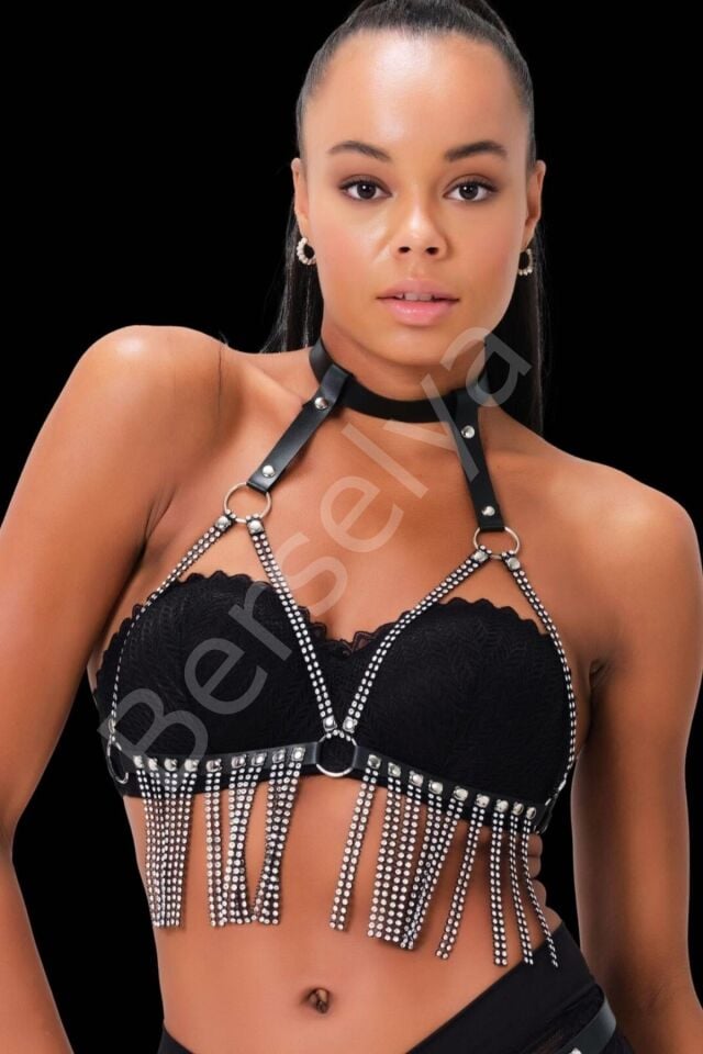Boyundan Tutturmalı Taşlı Deri Sexi Harness 800356