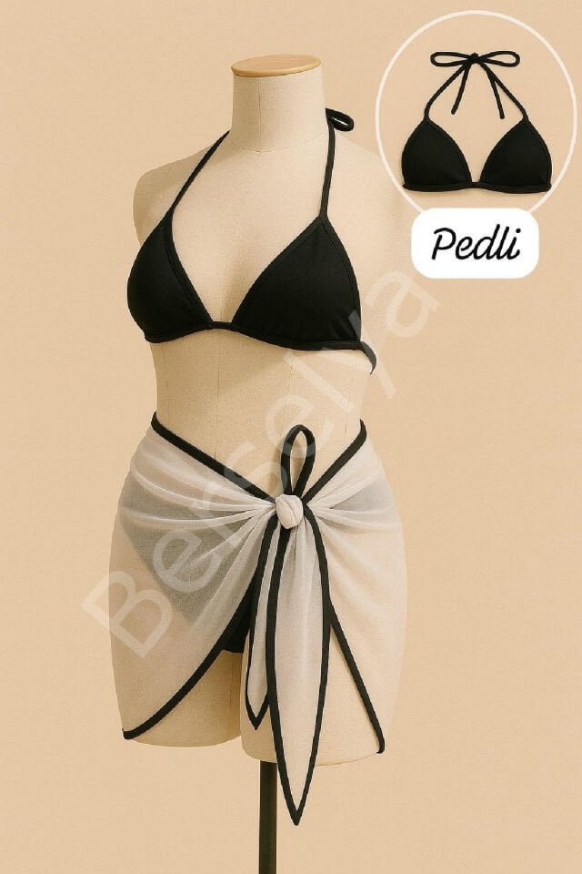 Kadın Siyah Beyaz Pareolu Yandan Ve Boyundan Bağlamalı 3'lü Bikini Takımı