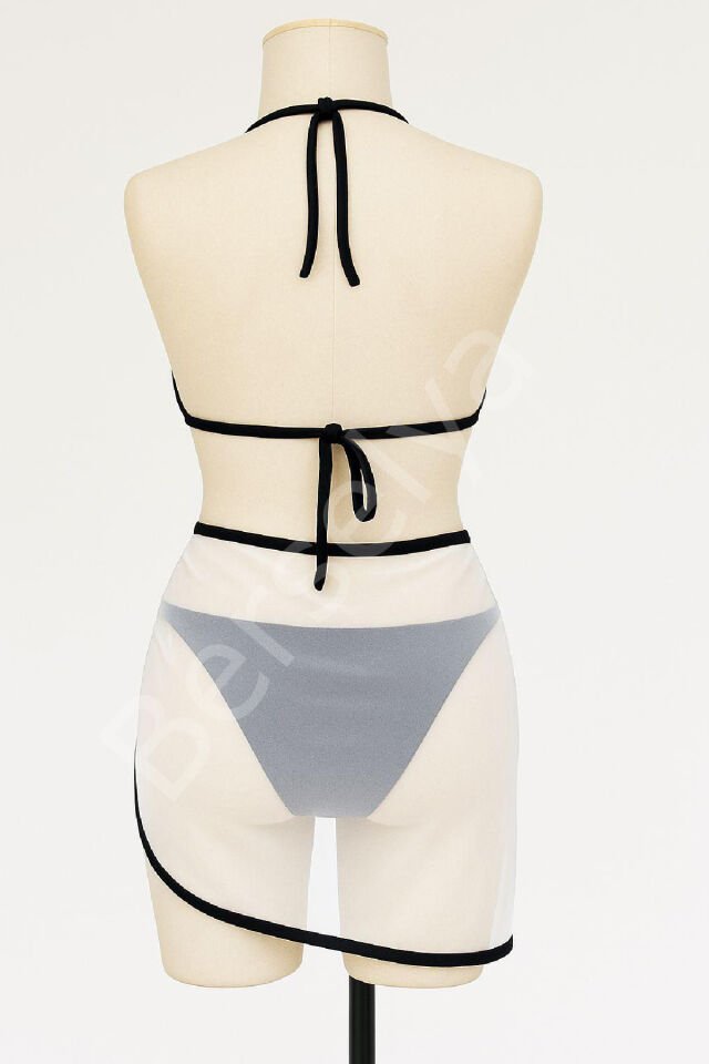 Kadın Siyah Beyaz Pareolu Yandan Ve Boyundan Bağlamalı 3'lü Bikini Takımı