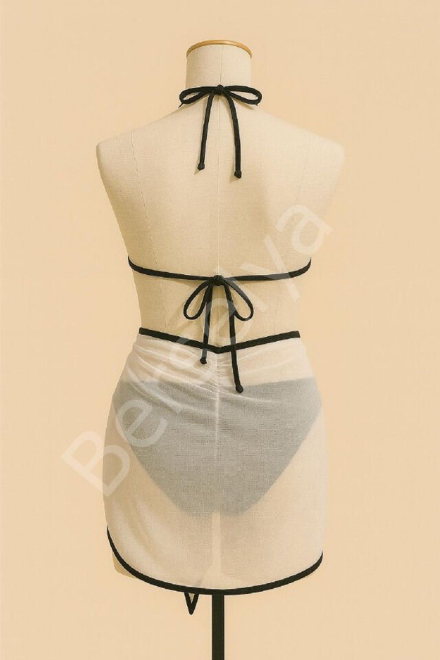 Kadın Siyah Beyaz Pareolu Yandan Ve Boyundan Bağlamalı 3'lü Bikini Takımı