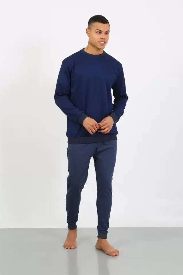 Erkek Uzun Kol Manşetli Paça Penye Pijama Takımı Lacivert