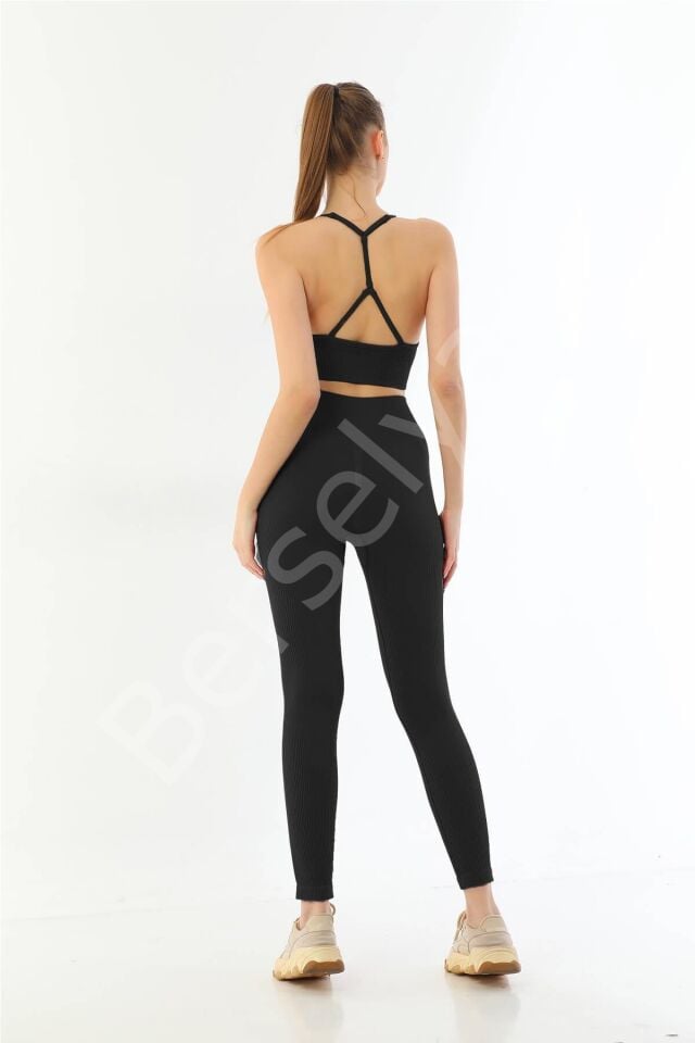 Siyah Mı Emay 3921 Soft Seamless Ripli Tayt Yoga Takımı