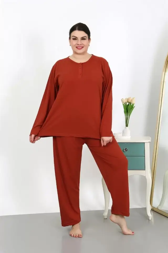 Kadın Büyük Beden Uzun Kol Penye Pijama Takımı Kiremit