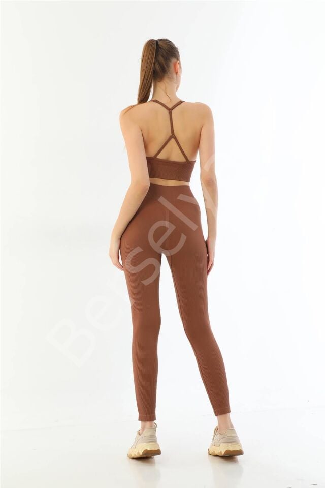 Kahve Mı Emay 3921 Soft Seamless Ripli Tayt Yoga Takımı