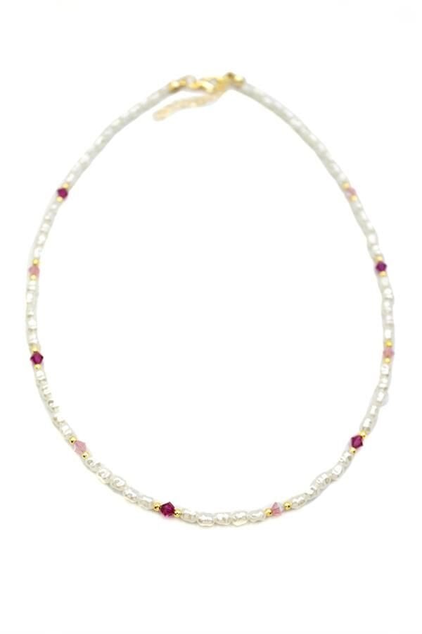 Renkli Boncuklu İnci Kolye - Fuşya