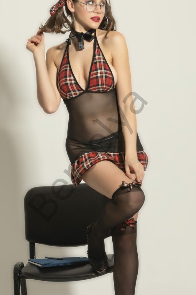 Seksi Okul Kız Kostüm,ekose Desenli Transparan Tül Fantazi Gecelik Takım,yüksek Bel Jartiyer