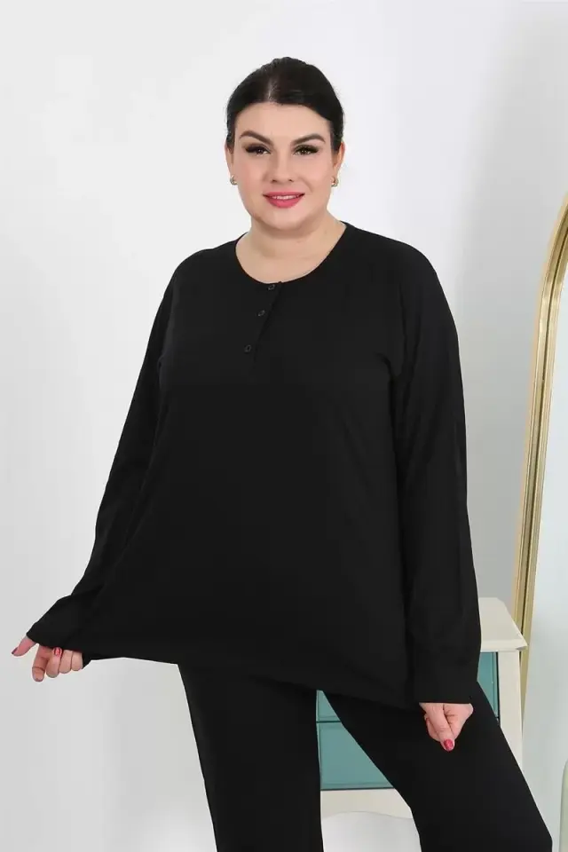Kadın Büyük Beden Uzun Kol Penye Pijama Takımı Siyah