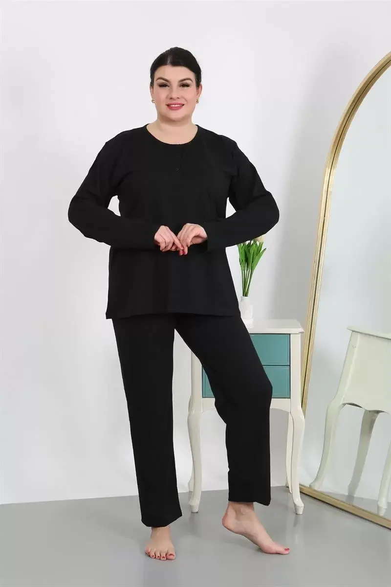 Kadın Büyük Beden Uzun Kol Penye Pijama Takımı Siyah