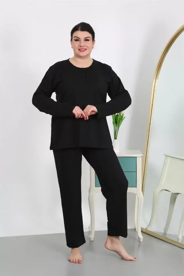 Kadın Büyük Beden Uzun Kol Penye Pijama Takımı Siyah