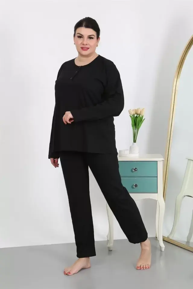 Kadın Büyük Beden Uzun Kol Penye Pijama Takımı Siyah