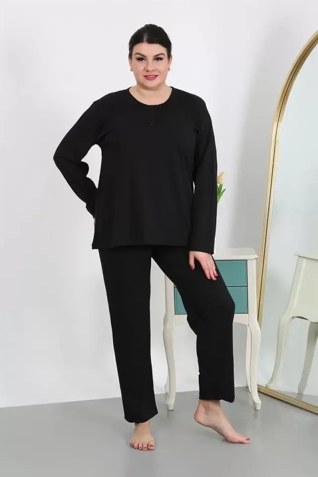 Kadın Büyük Beden Uzun Kol Penye Pijama Takımı Siyah