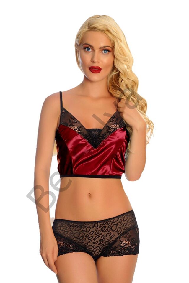 Bordo Saten Dantelli Babydoll Şortlu Takım - 288