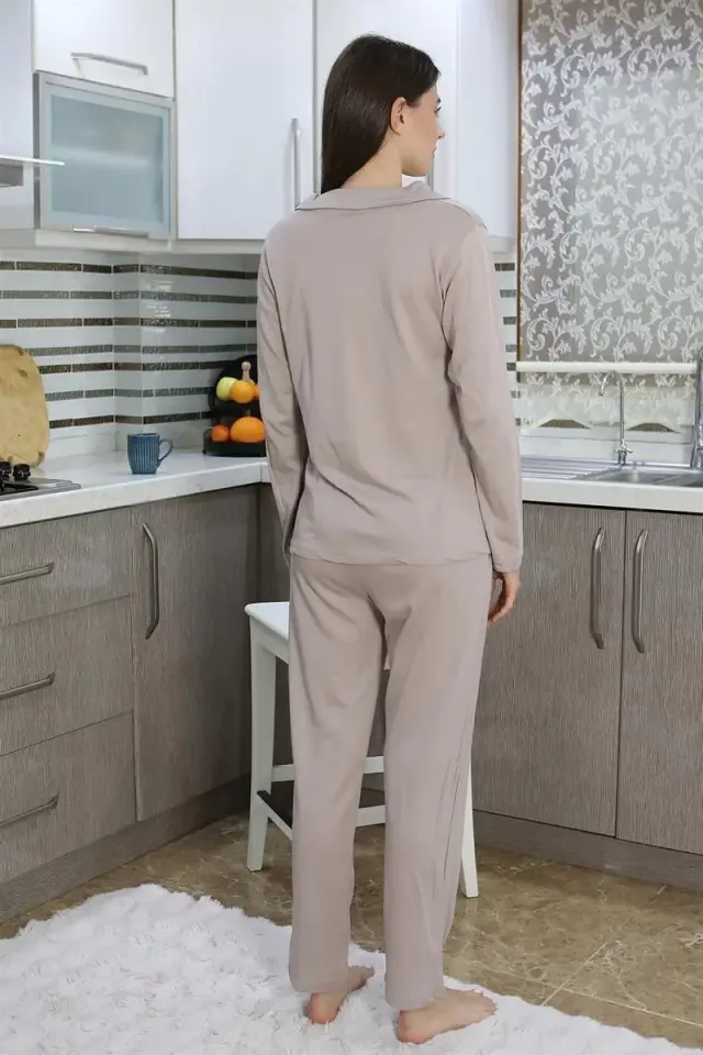 Kadın Pamuk Penye Önden Düğmeli Uzun Kol Pijama Takım Vizon