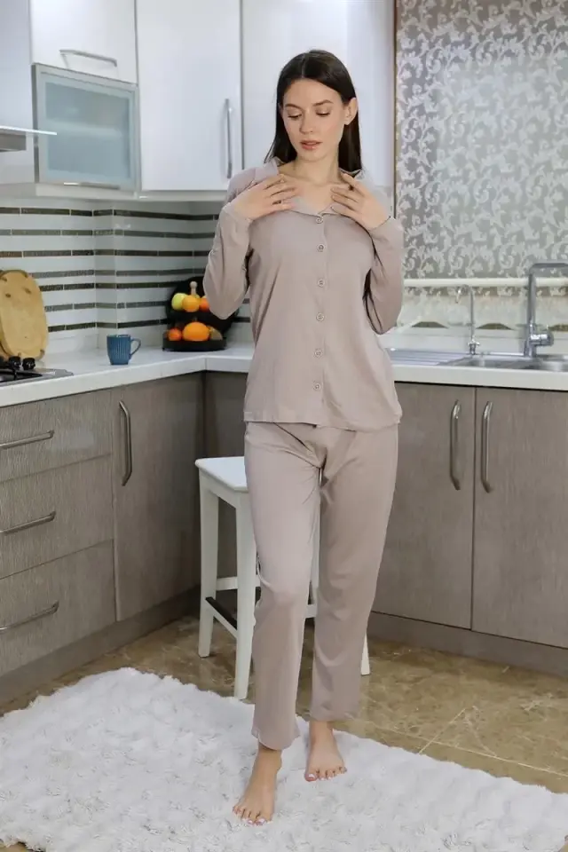 Kadın Pamuk Penye Önden Düğmeli Uzun Kol Pijama Takım Vizon
