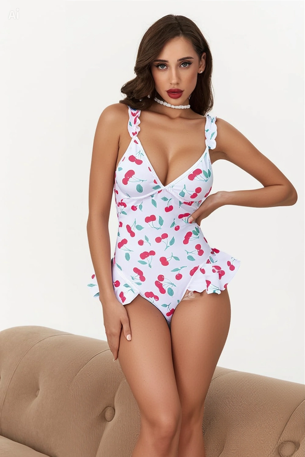 Kadın Vişne Desenli Dantel İşlemeli Şık Body