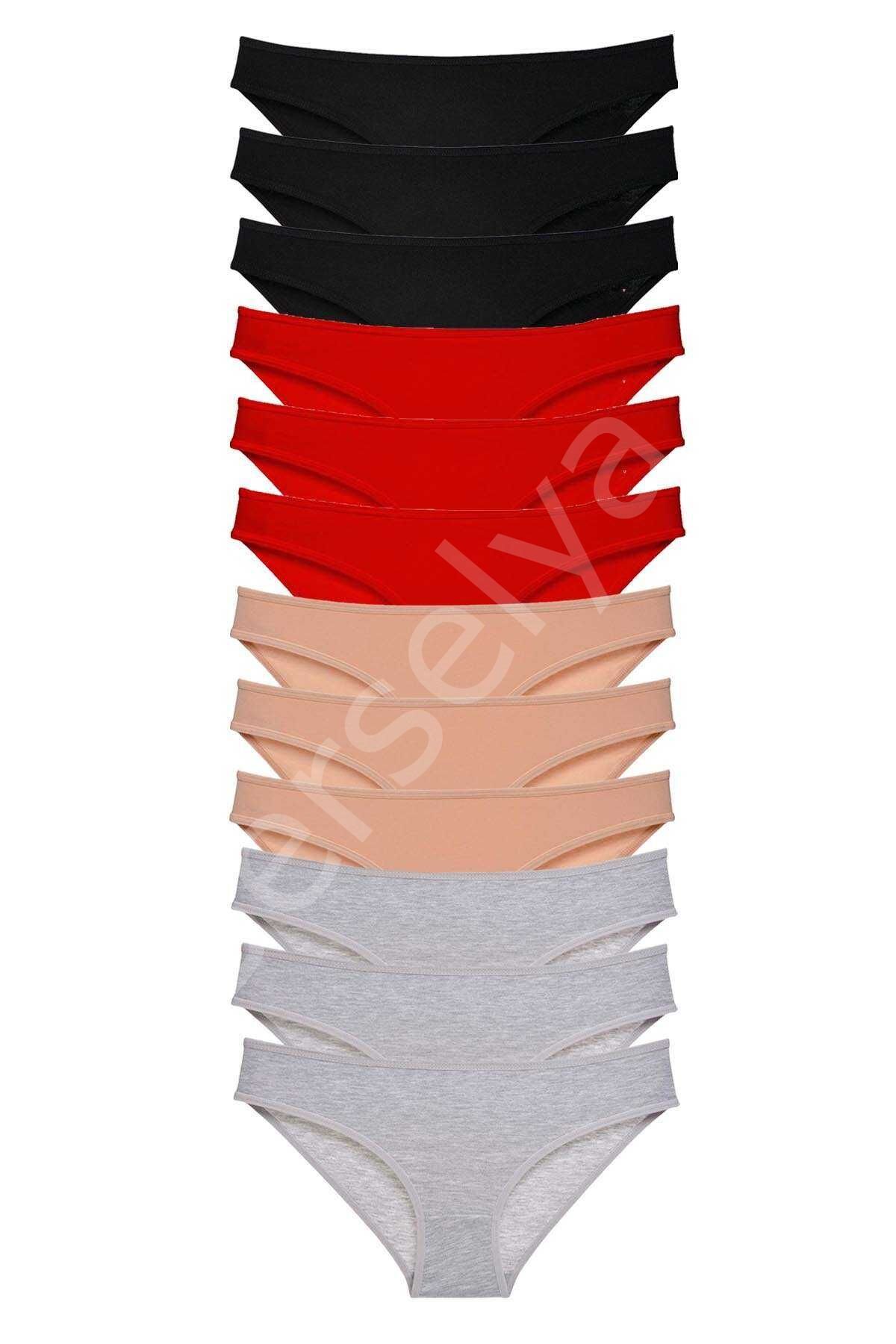 12 adet Süper Eko Set Likralı Kadın Slip Külot Siyah Kırmızı Ten Gri