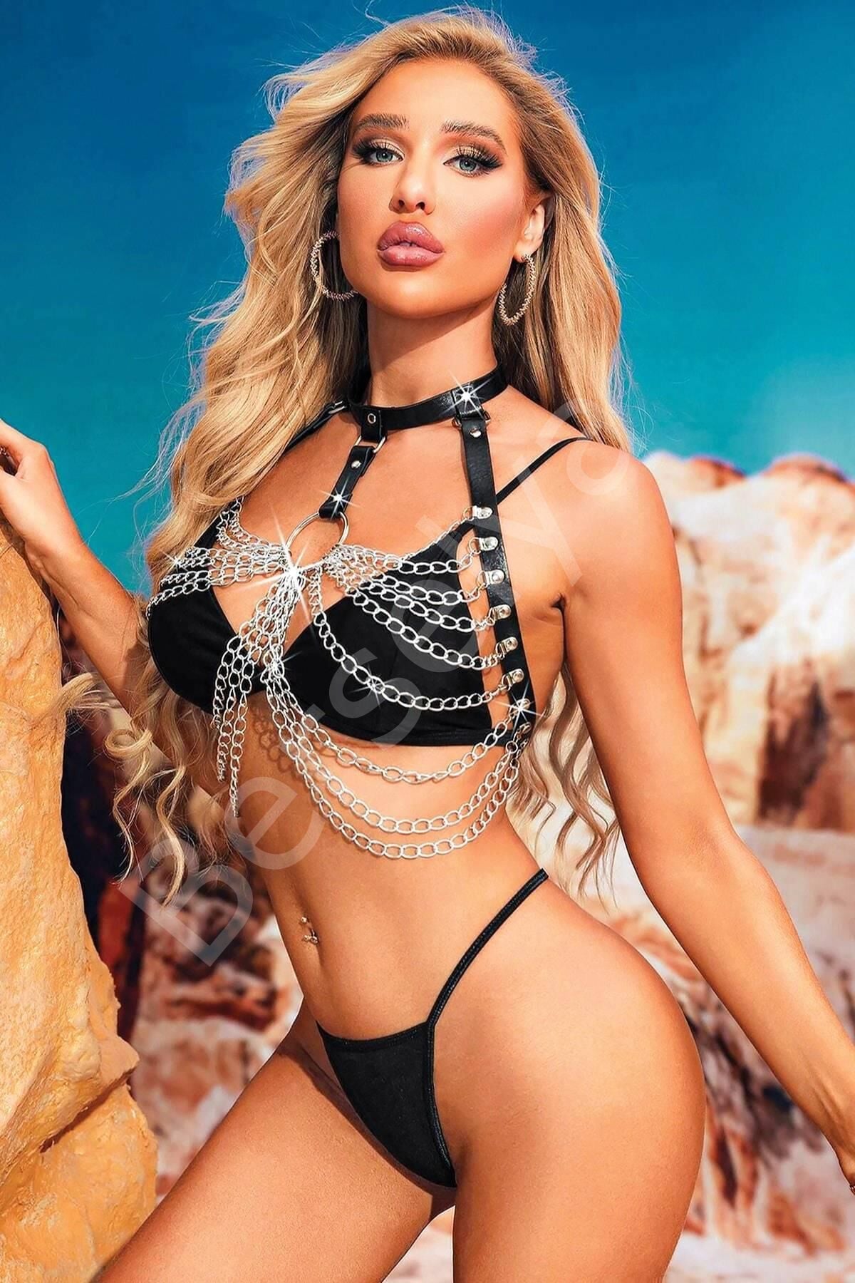 Boyundan Bağlamalı Zincirli Deri Harness 800279