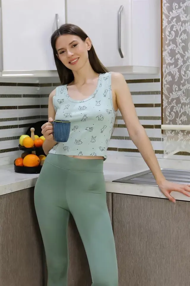 Kadın Crop Büstiyer Tayt Alt Üst Takım Suyeşili