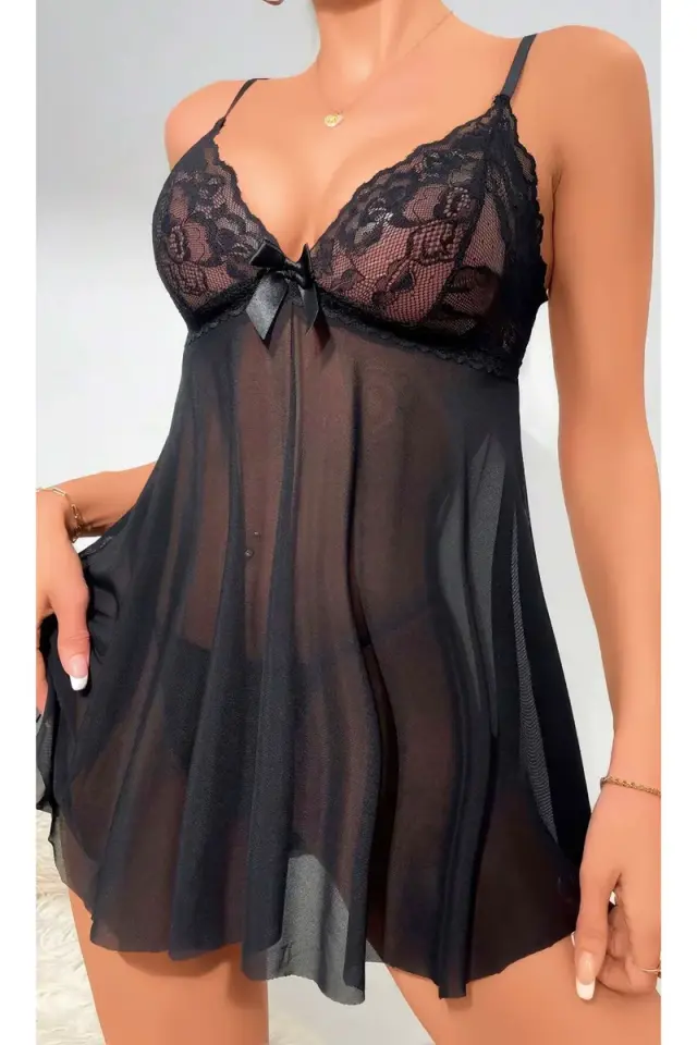Kadın Seksi Siyah Kurdeleli Askılı Transparan Tül Gecelik Tanga Takımı Fantezi Gecelik