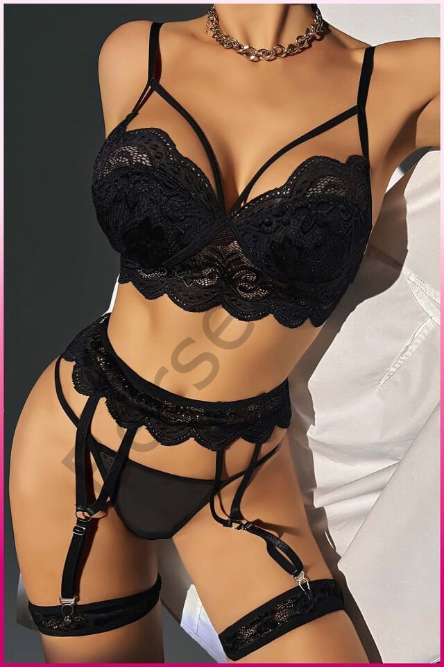 Kadın Siyah Dantel Detaylı Jartiyer Takım