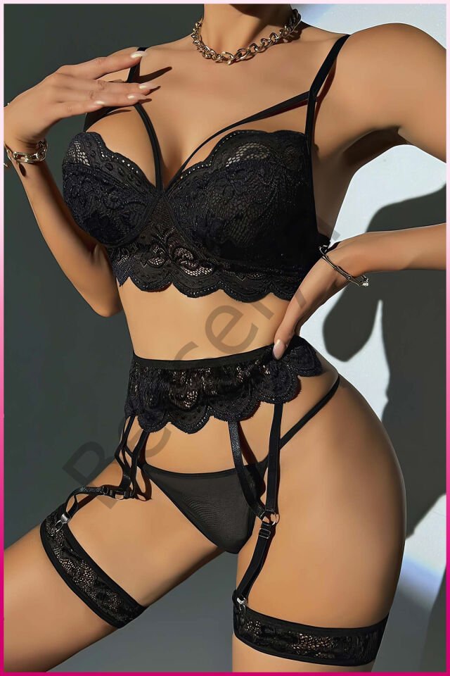 Kadın Siyah Dantel Detaylı Jartiyer Takım