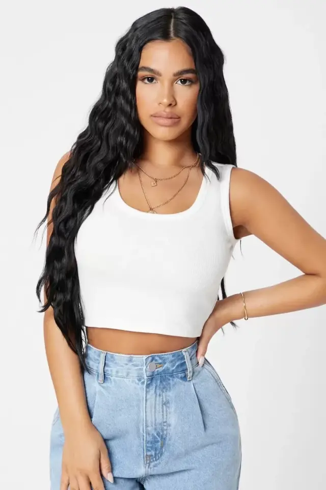 Kadın Beyaz Modern Fit Kare Yaka Crop Top Bluz