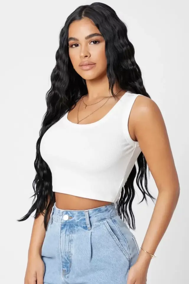 Kadın Beyaz Modern Fit Kare Yaka Crop Top Bluz
