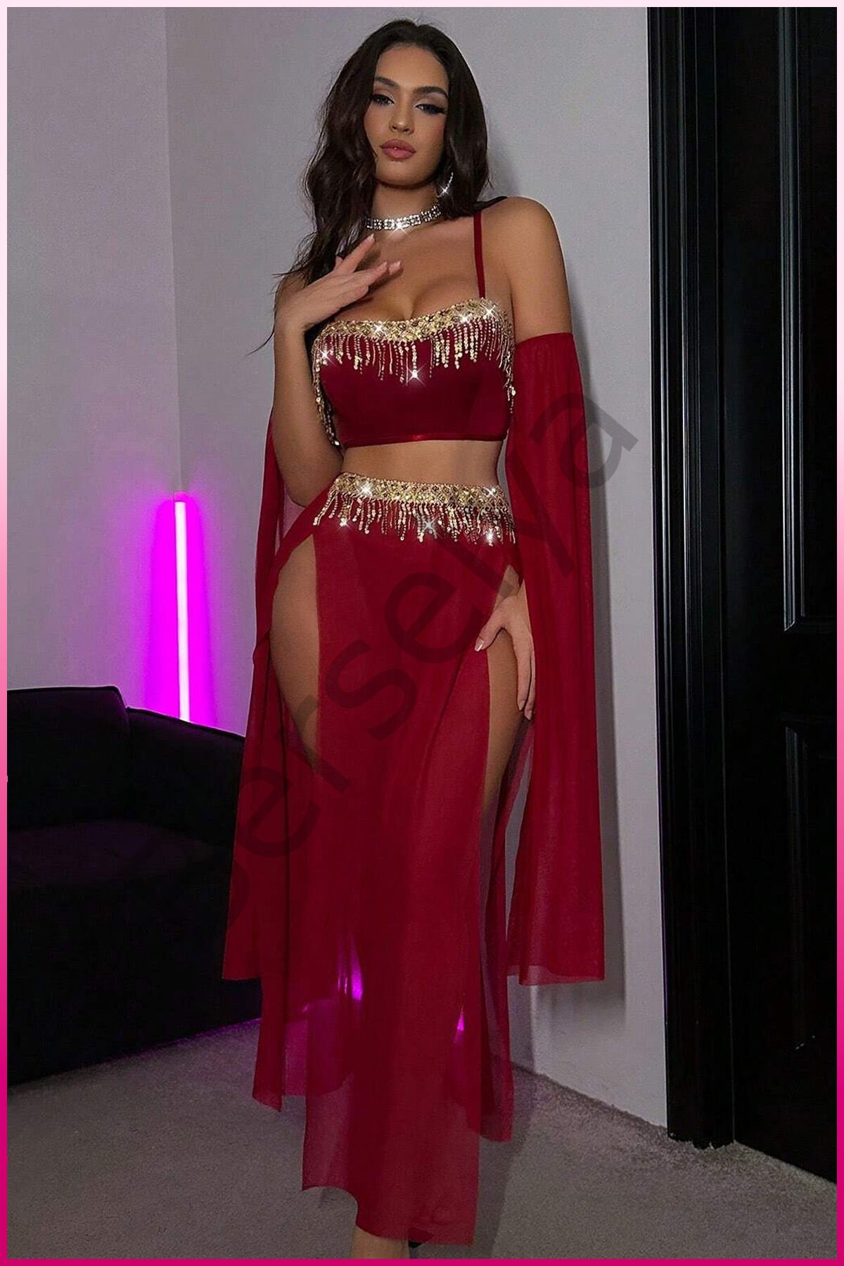 Bordo Pul Aksesuarlı Tül Etekli Kadın Seksi Gecelik