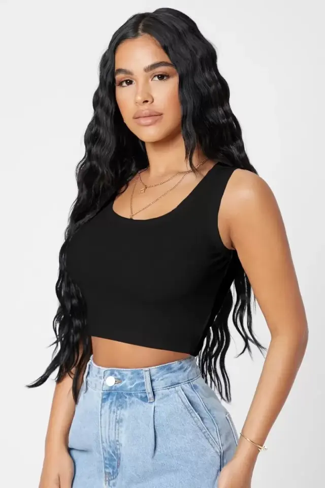 Kadın Siyah Modern Fit Kare Yaka Crop Top Bluz