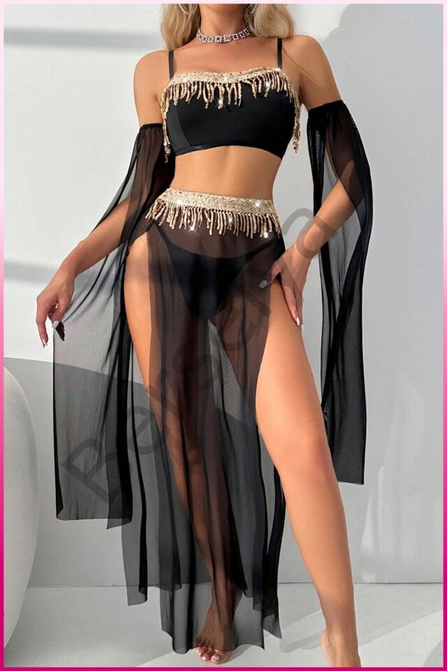 Siyah Pul Aksesuarlı Tül Etekli Kadın Seksi Gecelik