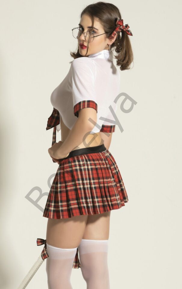 Fantezi Okul Kız Kostümü 5'li Set - Transparan Gömlek, Mini Etek, Çorap Ve Kravat,toklar