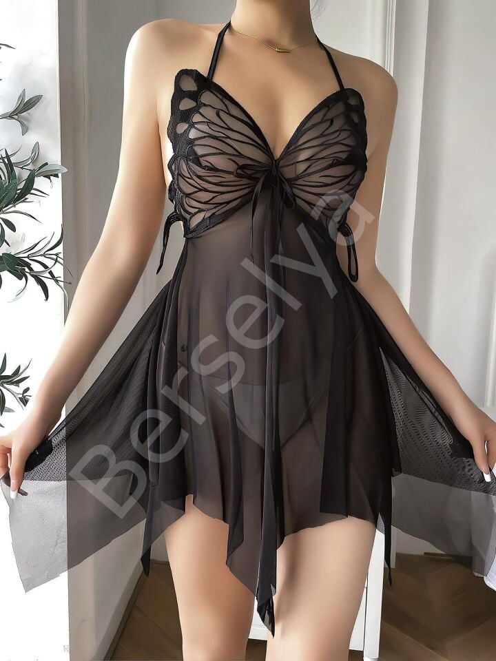 Kelebek Görünümlü Fantezi Tül Siyah Gecelik