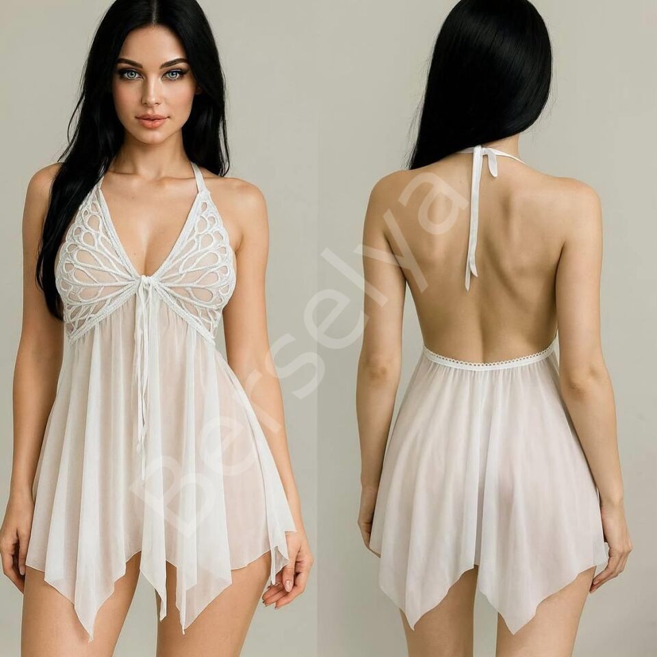 Kelebek Görünümlü Fantezi Tül Beyaz Gecelik