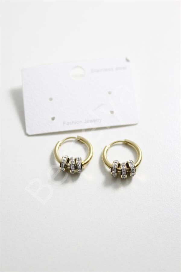 Çelik Taşlı Halka  Küpe - Altın